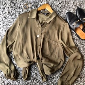 Forever 21 Olive "Silk" Button Up Blouse